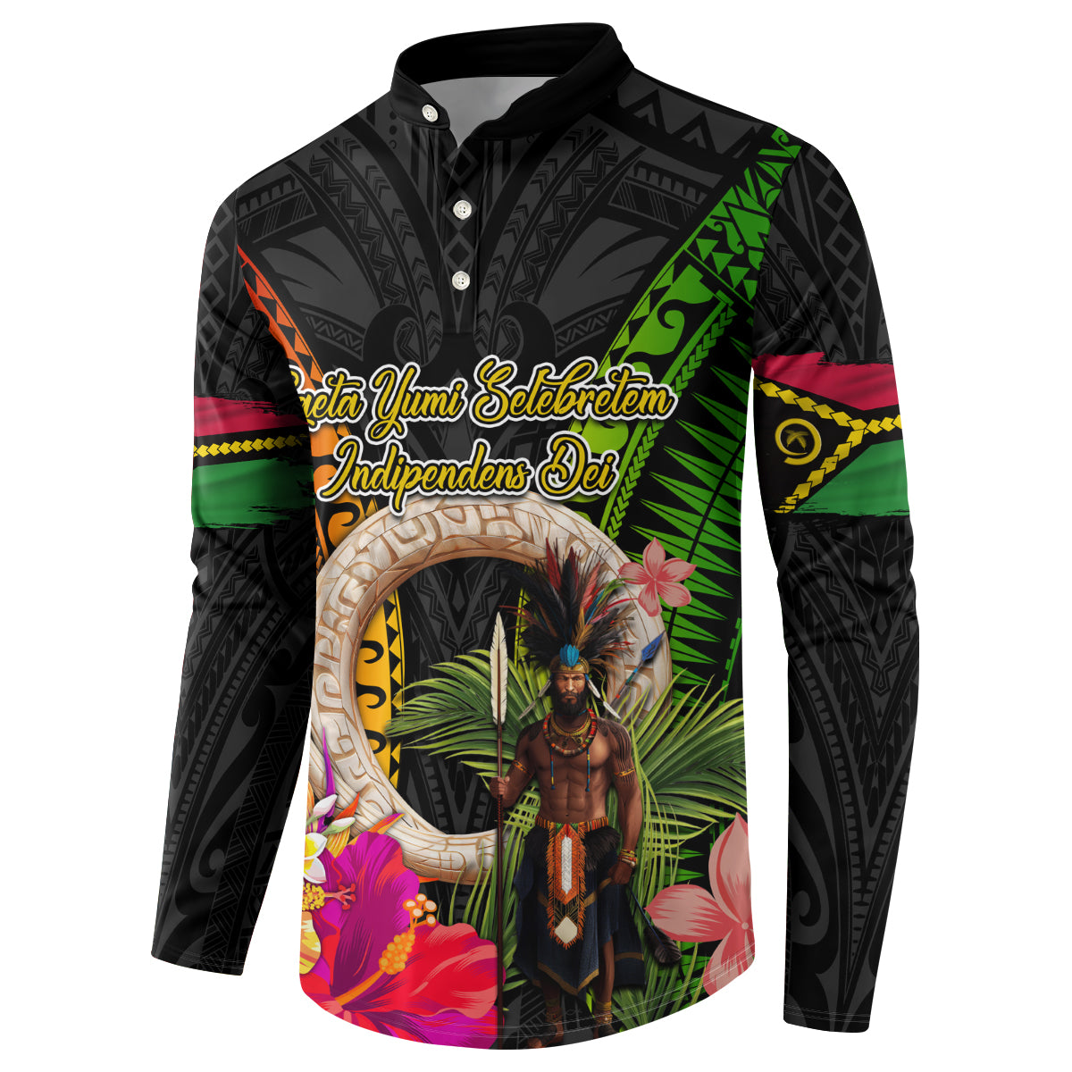 Vanuatu Independence Day Button Sweatshirt Boars Tusk and Melanesian Warrior Indipendens Dei LT03 - Polynesian Pride