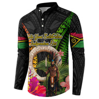 Vanuatu Independence Day Button Sweatshirt Boars Tusk and Melanesian Warrior Indipendens Dei LT03 - Polynesian Pride