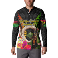 Vanuatu Independence Day Button Sweatshirt Boars Tusk and Melanesian Warrior Indipendens Dei LT03 - Polynesian Pride
