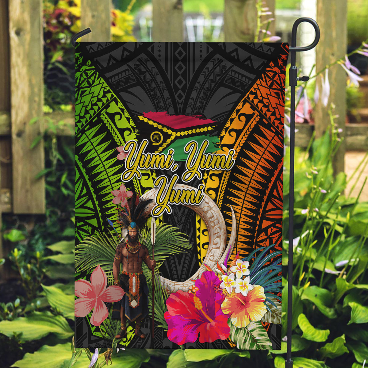 Vanuatu Independence Day Garden Flag Boars Tusk and Melanesian Warrior Indipendens Dei LT03 Garden Flag Black - Polynesian Pride