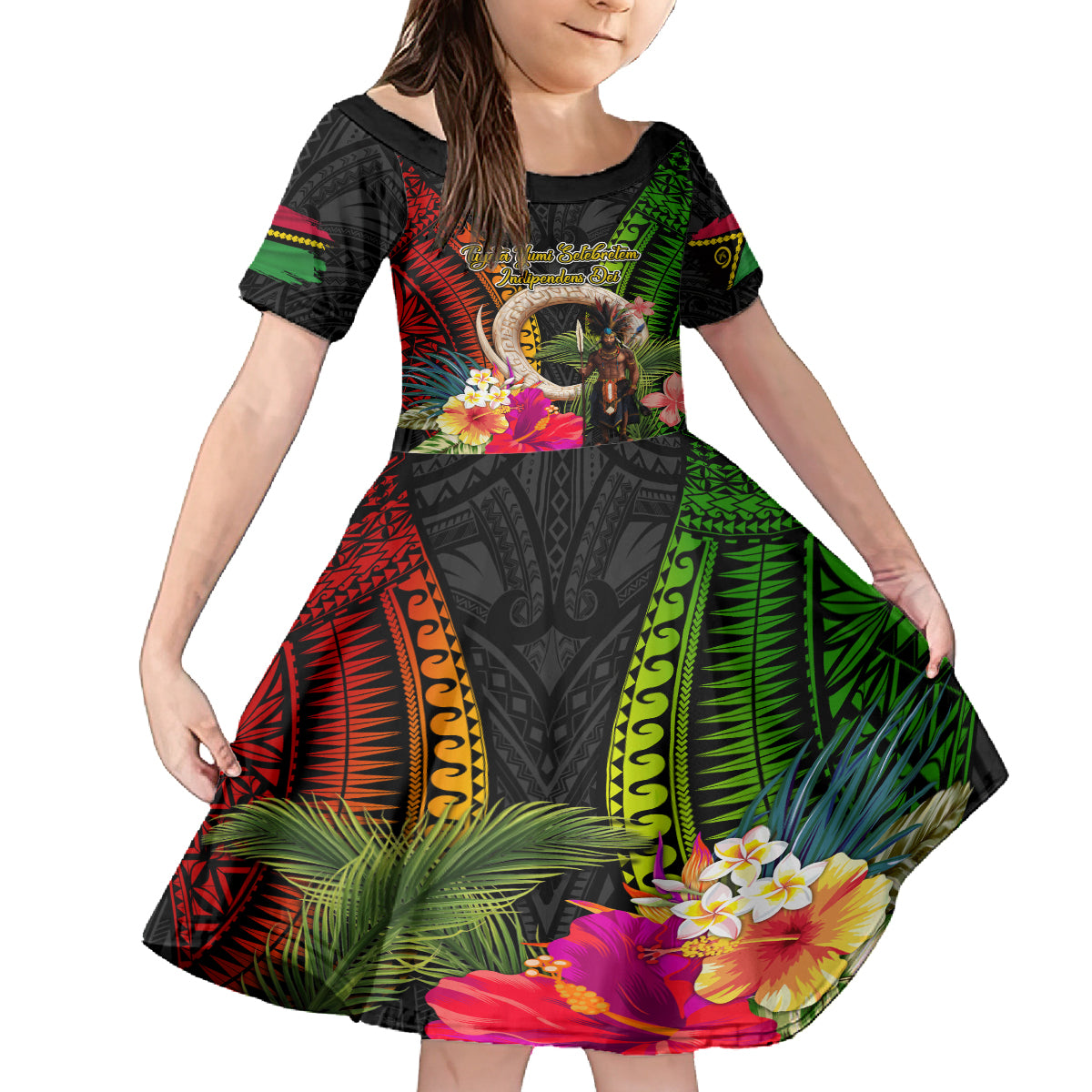 Vanuatu Independence Day Kid Short Sleeve Dress Boars Tusk and Melanesian Warrior Indipendens Dei LT03 KID Black - Polynesian Pride