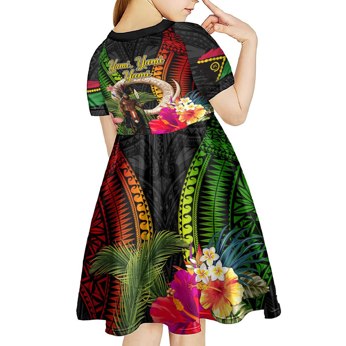 Vanuatu Independence Day Kid Short Sleeve Dress Boars Tusk and Melanesian Warrior Indipendens Dei LT03 - Polynesian Pride