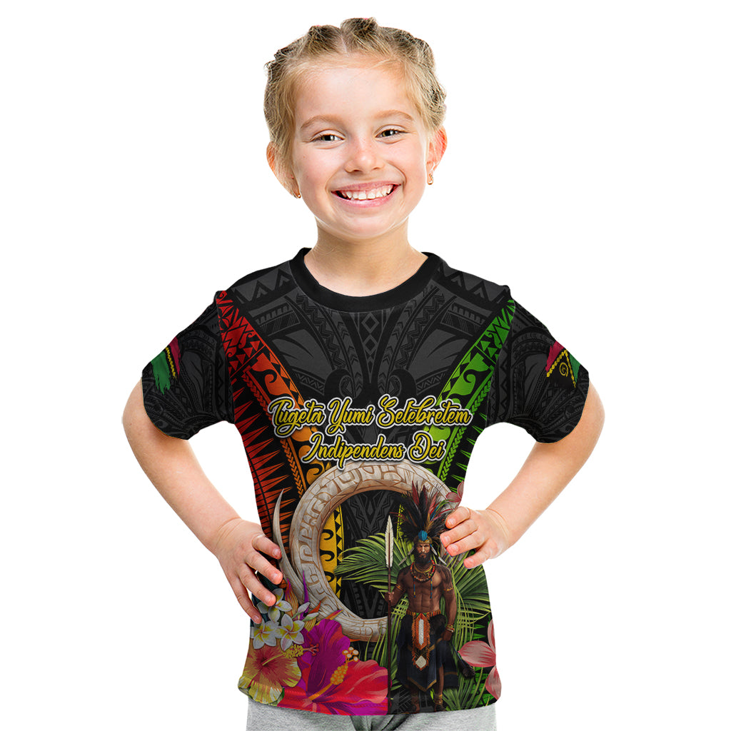 Vanuatu Independence Day Kid T Shirt Boars Tusk and Melanesian Warrior Indipendens Dei LT03 Black - Polynesian Pride