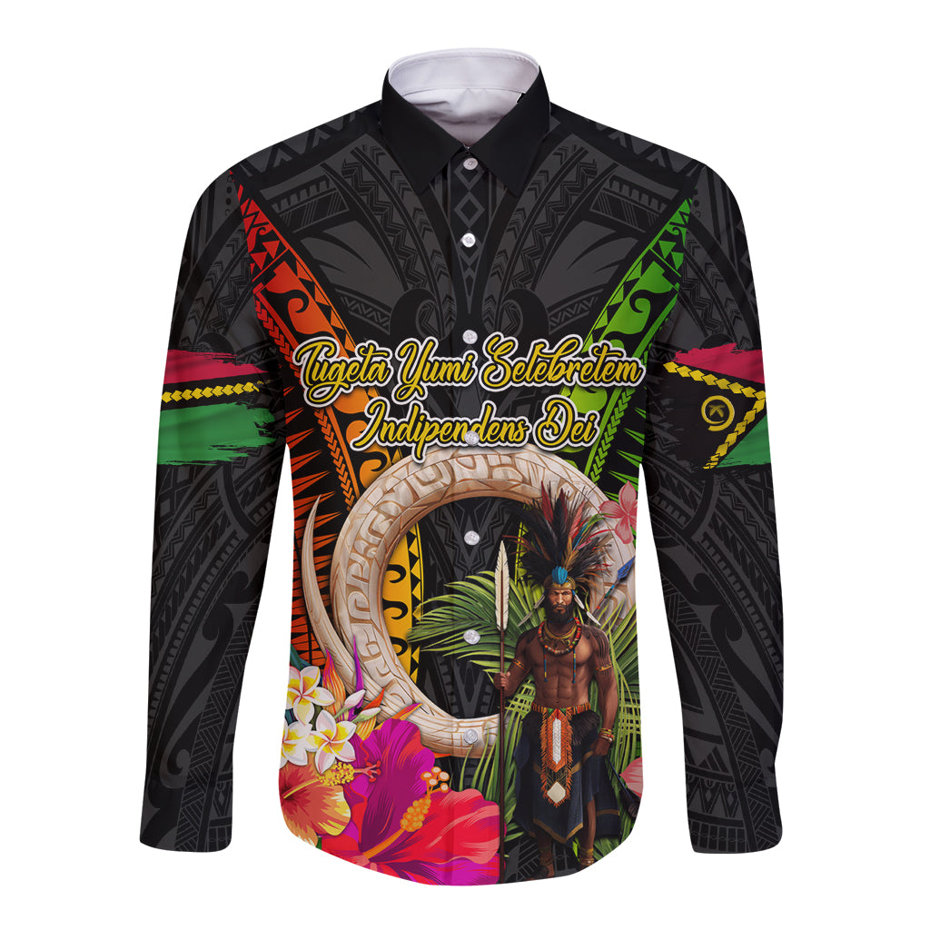 Vanuatu Independence Day Long Sleeve Button Shirt Boars Tusk and Melanesian Warrior Indipendens Dei LT03 Unisex Black - Polynesian Pride