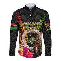 Vanuatu Independence Day Long Sleeve Button Shirt Boars Tusk and Melanesian Warrior Indipendens Dei LT03 Unisex Black - Polynesian Pride