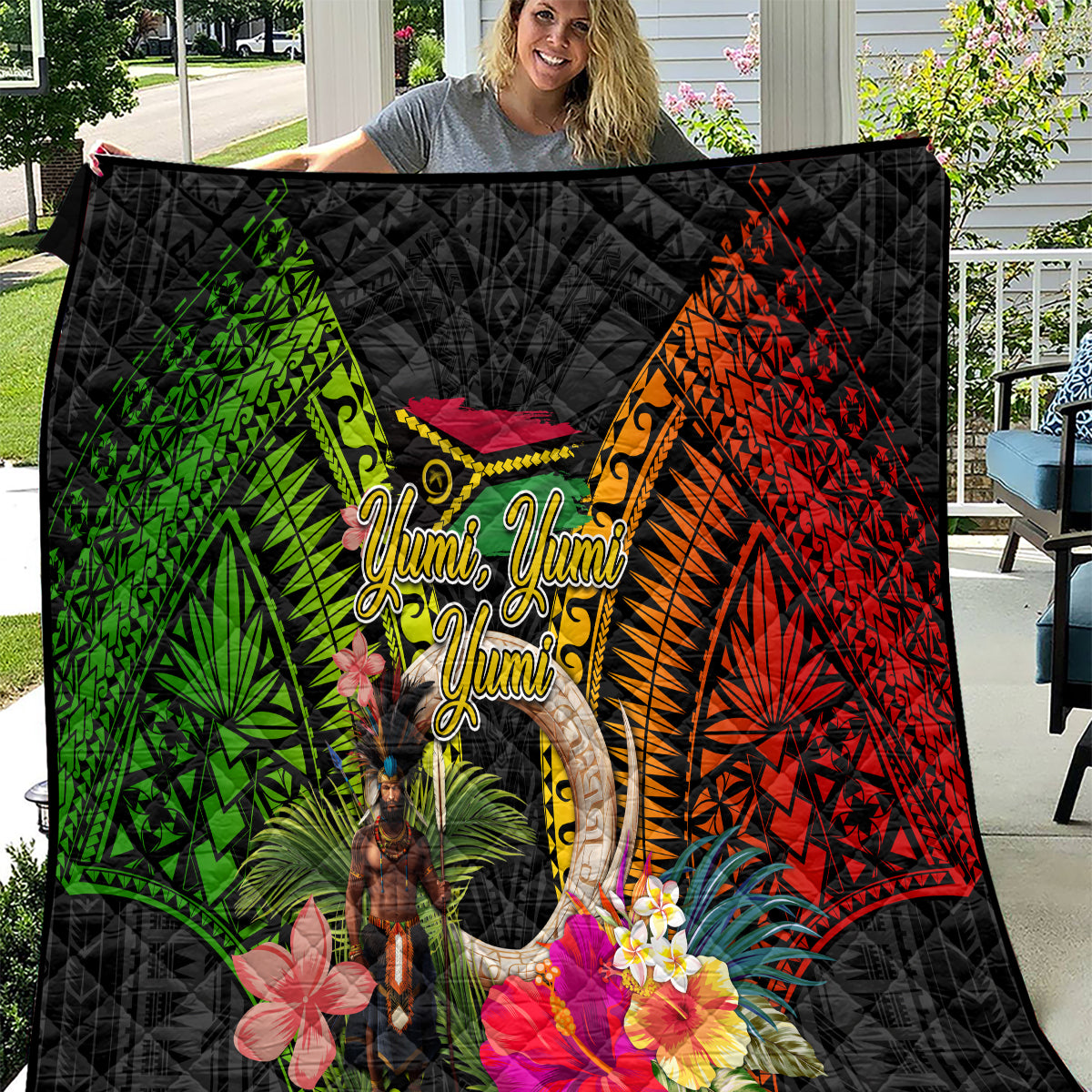 Vanuatu Independence Day Quilt Boars Tusk and Melanesian Warrior Indipendens Dei LT03 Black - Polynesian Pride