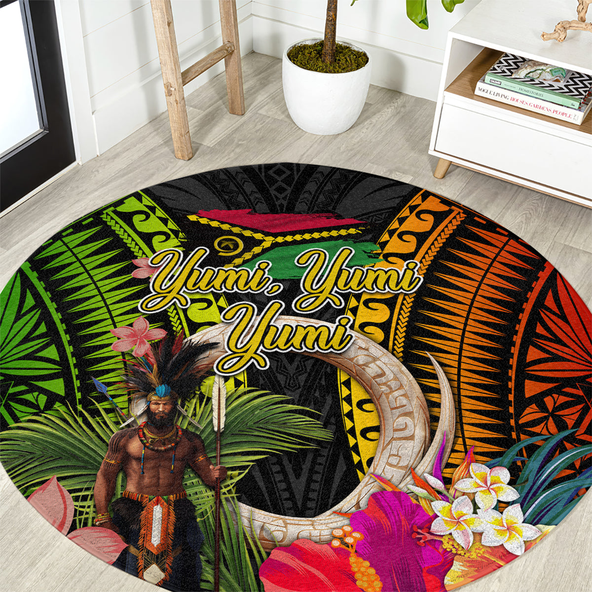 Vanuatu Independence Day Round Carpet Boars Tusk and Melanesian Warrior Indipendens Dei LT03 Black - Polynesian Pride