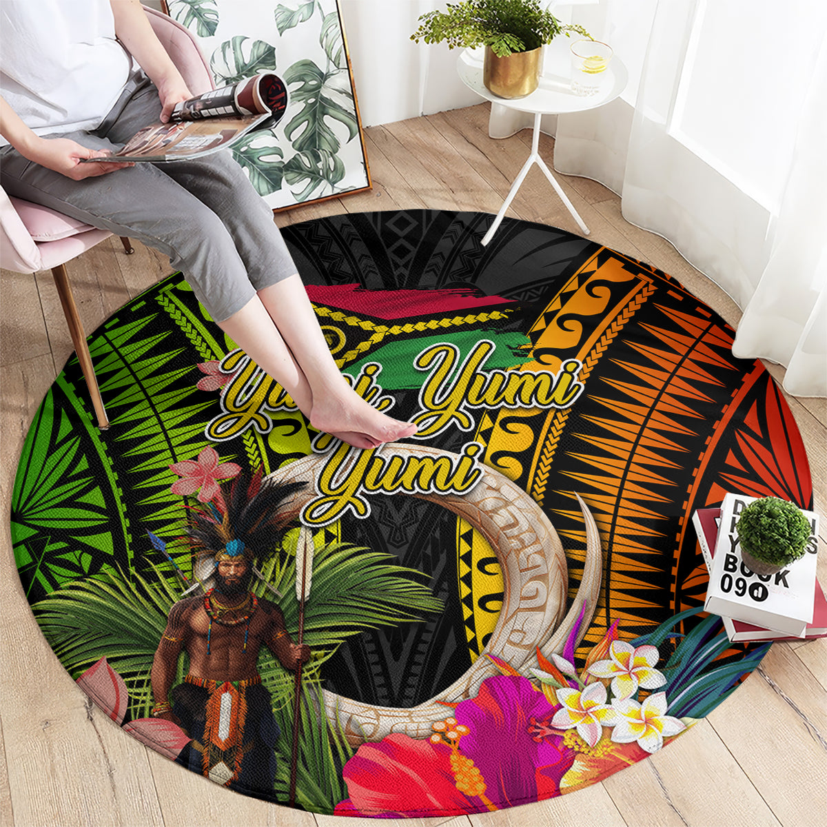Vanuatu Independence Day Round Carpet Boars Tusk and Melanesian Warrior Indipendens Dei LT03 - Polynesian Pride
