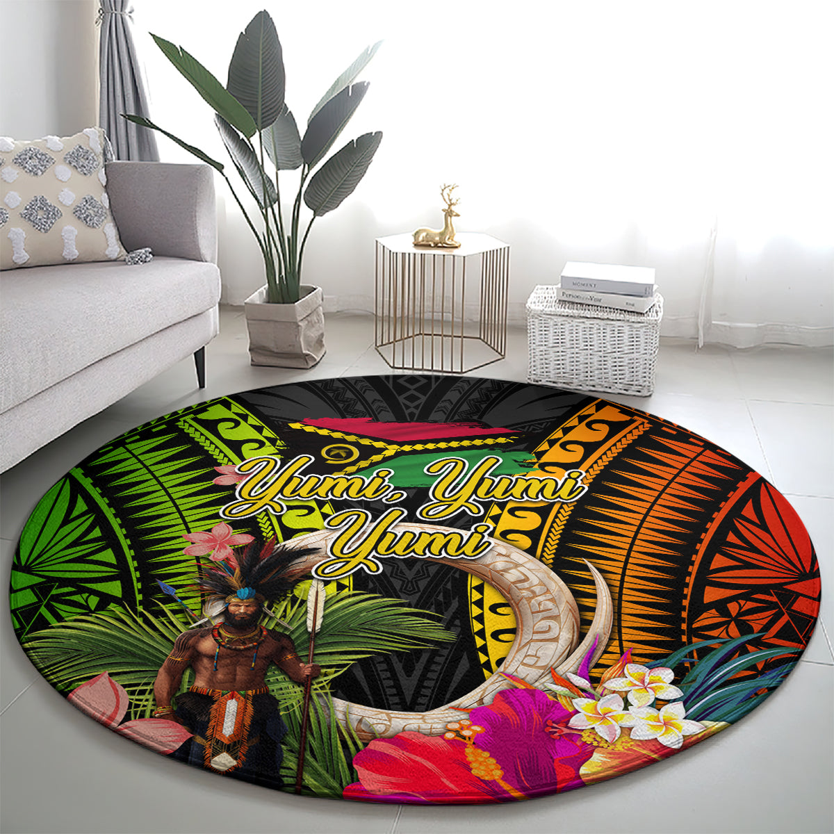 Vanuatu Independence Day Round Carpet Boars Tusk and Melanesian Warrior Indipendens Dei LT03 - Polynesian Pride