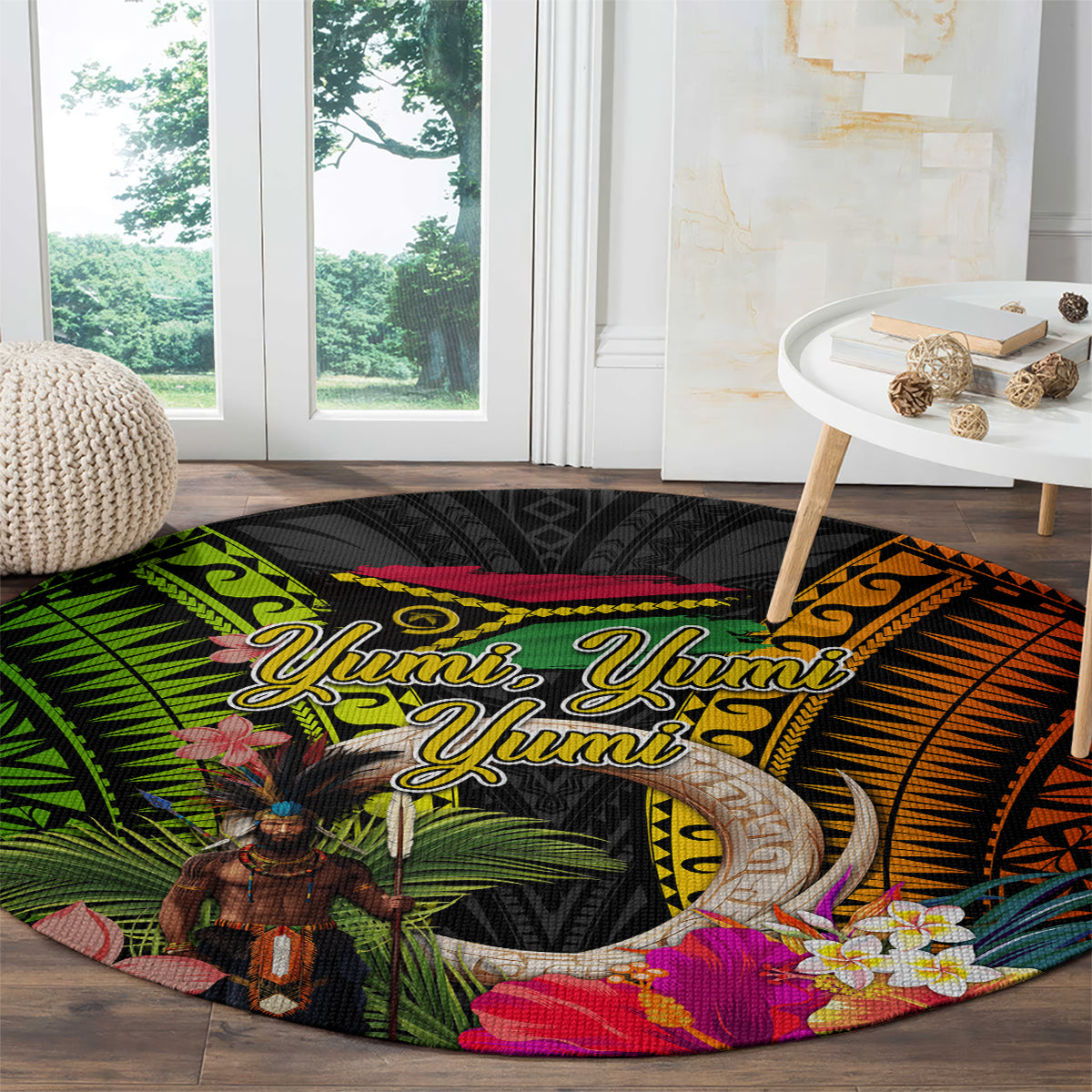Vanuatu Independence Day Round Carpet Boars Tusk and Melanesian Warrior Indipendens Dei LT03 - Polynesian Pride