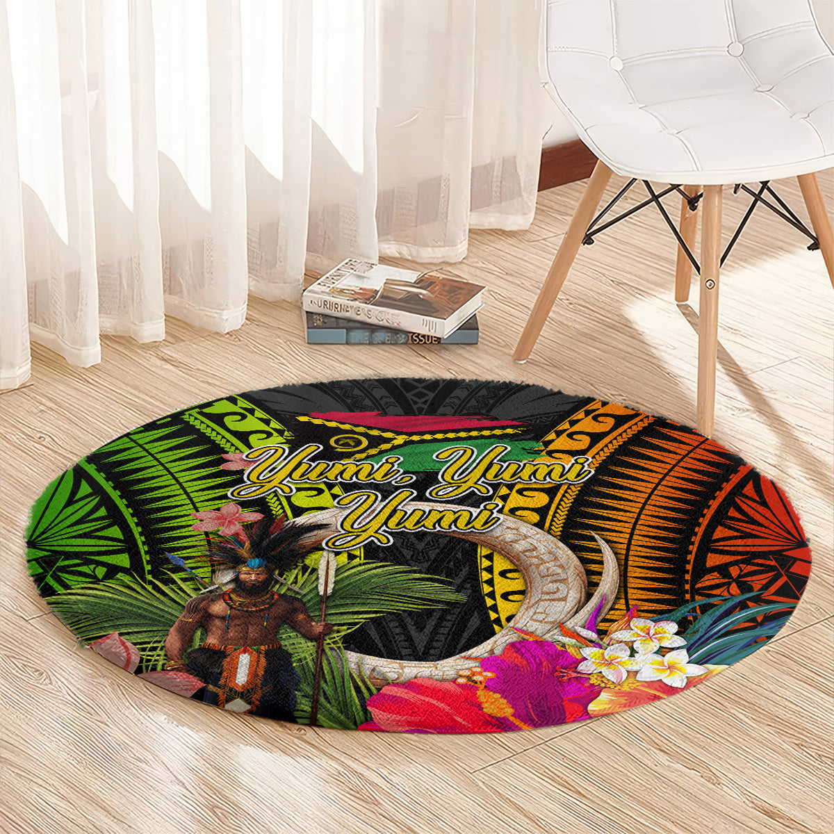 Vanuatu Independence Day Round Carpet Boars Tusk and Melanesian Warrior Indipendens Dei LT03 - Polynesian Pride