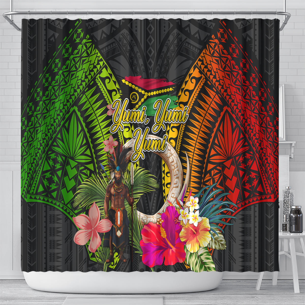 Vanuatu Independence Day Shower Curtain Boars Tusk and Melanesian Warrior Indipendens Dei LT03 - Polynesian Pride