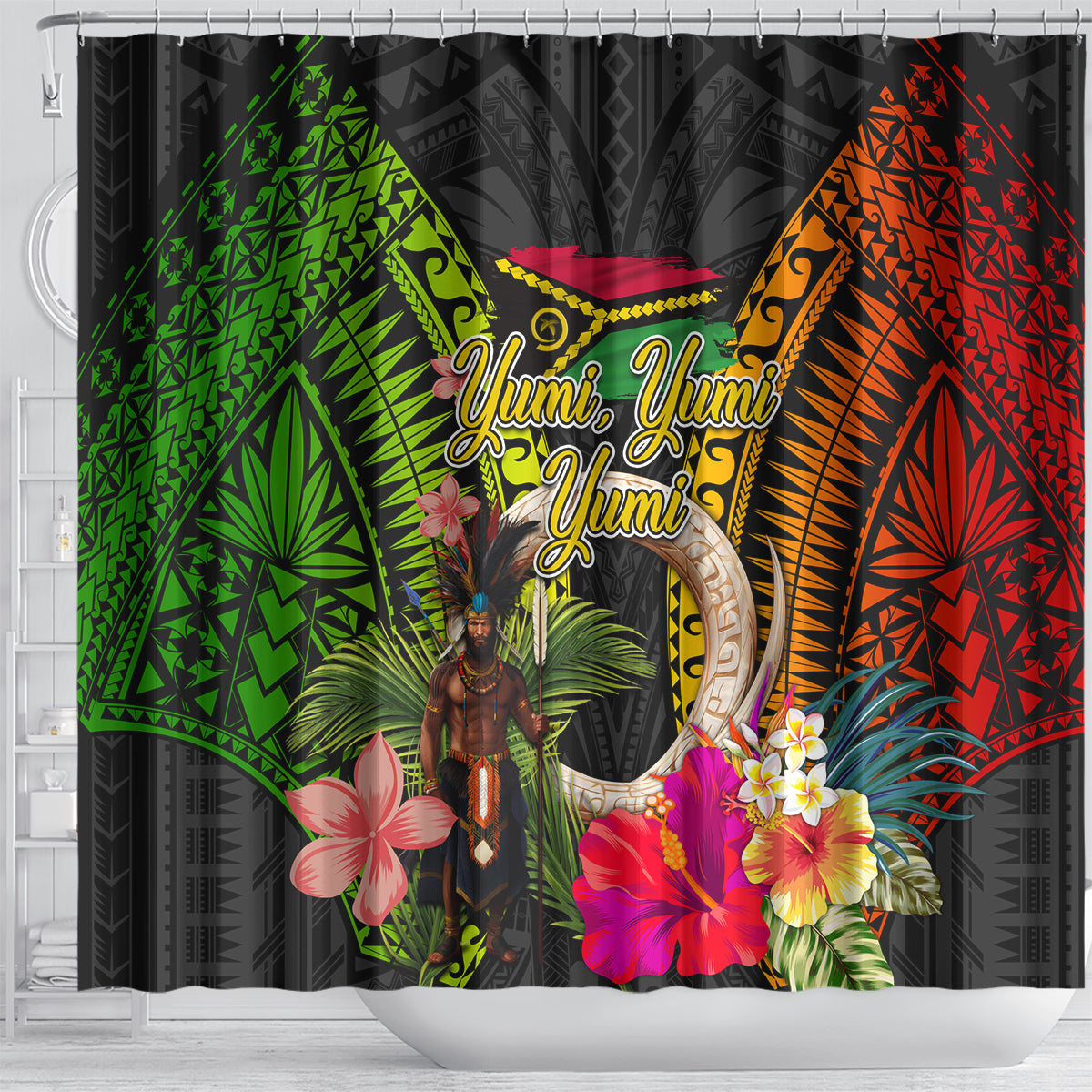 Vanuatu Independence Day Shower Curtain Boars Tusk and Melanesian Warrior Indipendens Dei LT03 - Polynesian Pride