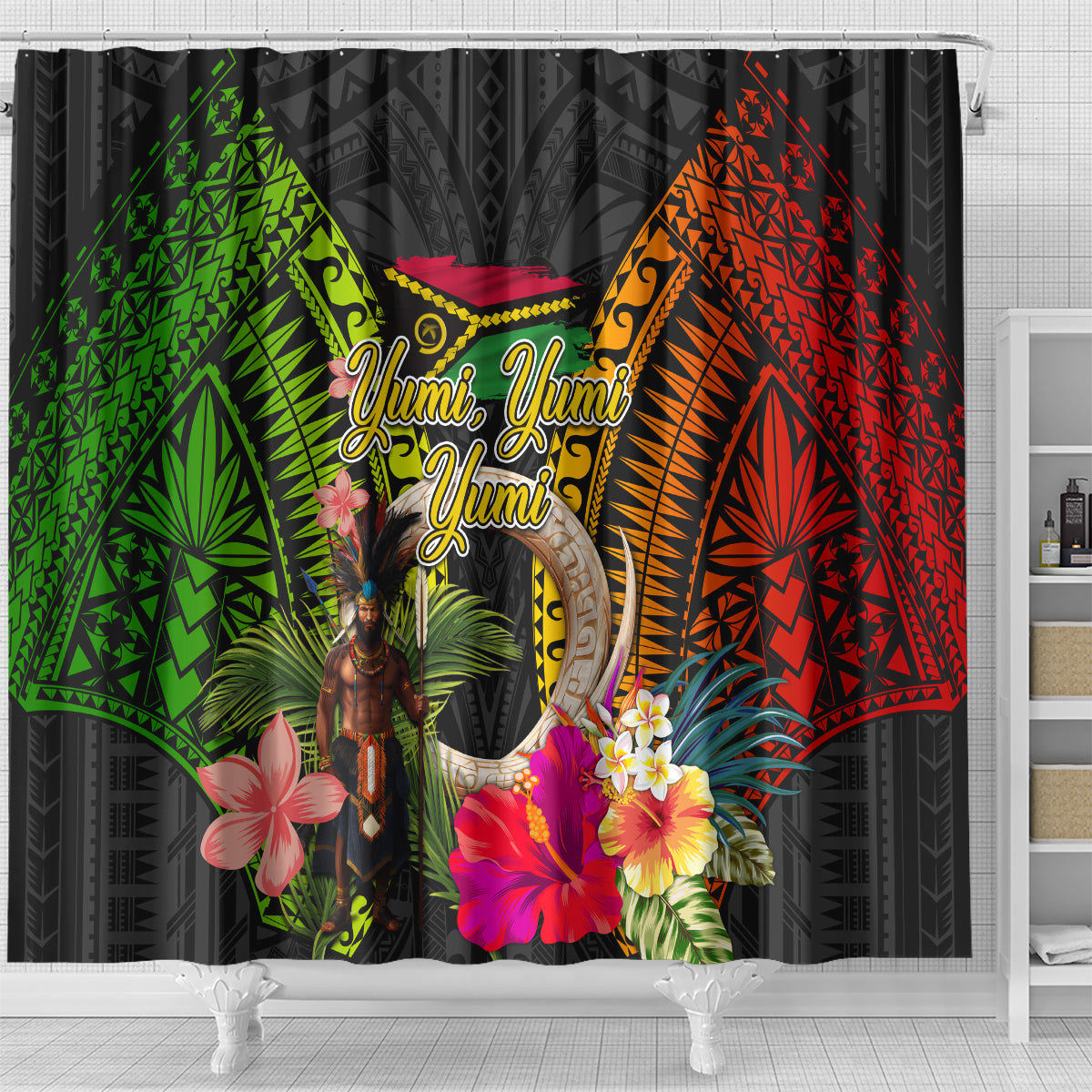 Vanuatu Independence Day Shower Curtain Boars Tusk and Melanesian Warrior Indipendens Dei LT03 - Polynesian Pride