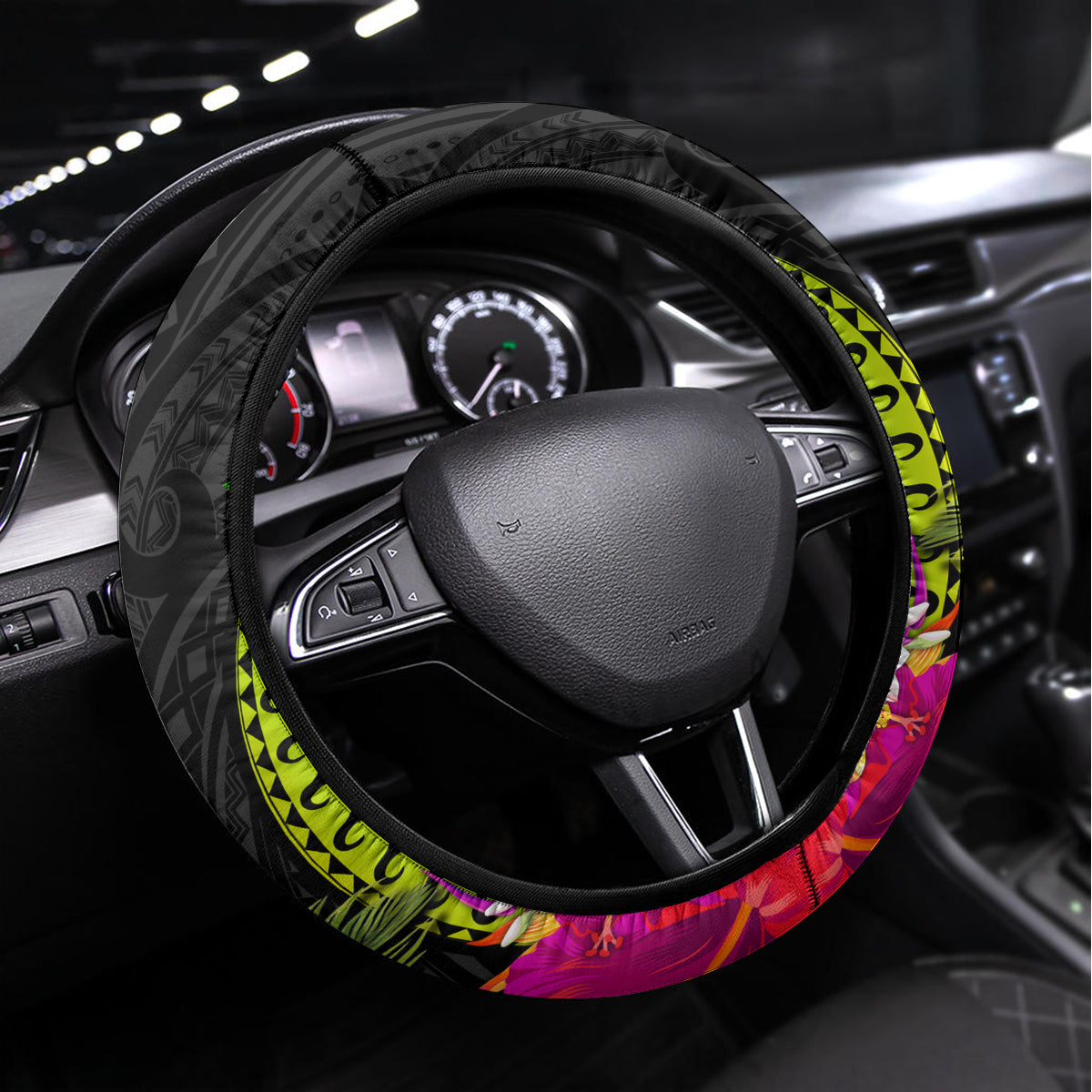 Vanuatu Independence Day Steering Wheel Cover Boars Tusk and Melanesian Warrior Indipendens Dei LT03 Universal Fit Black - Polynesian Pride