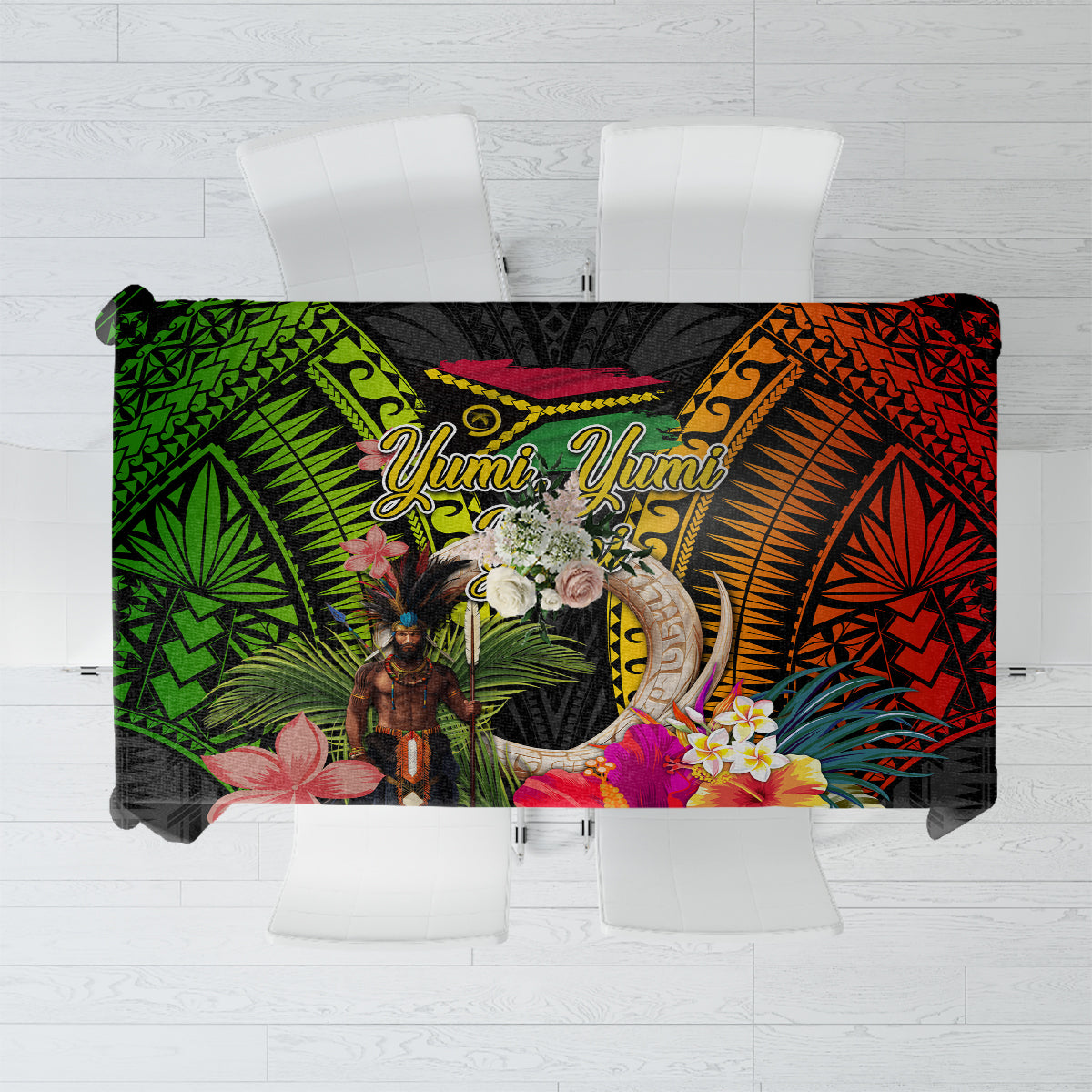 Vanuatu Independence Day Tablecloth Boars Tusk and Melanesian Warrior Indipendens Dei LT03 Black - Polynesian Pride