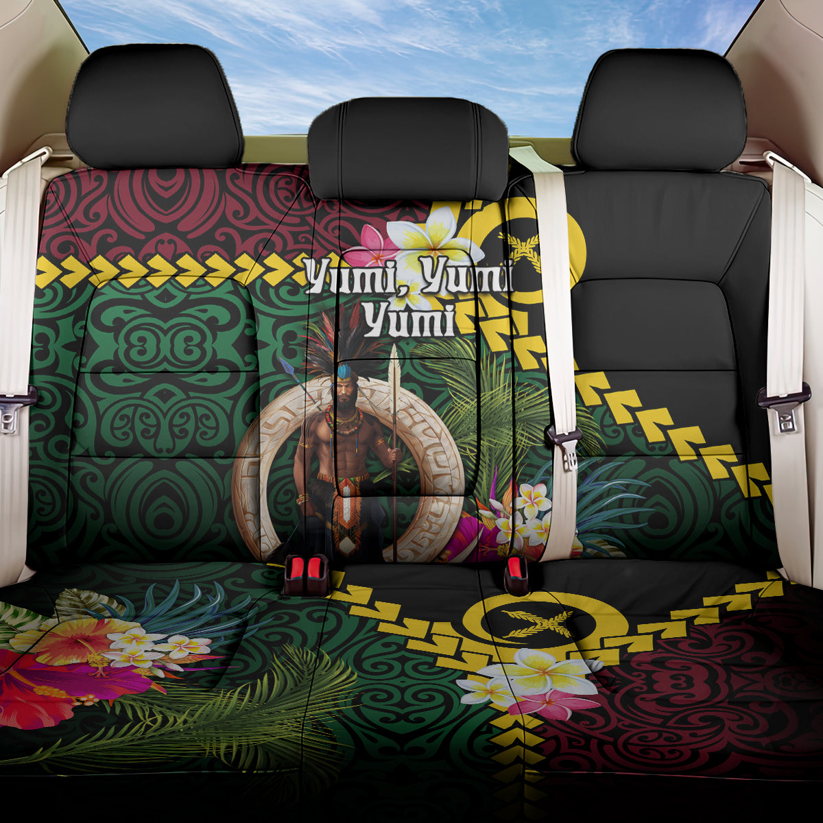 Vanuatu Indipendens Dei Back Car Seat Cover Boars Tusk and Melanesian Warrior Hibiscus LT03 One Size Black - Polynesian Pride