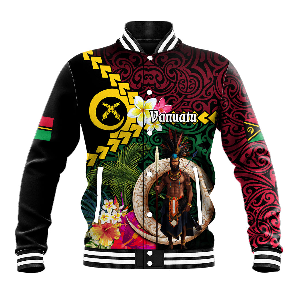 Vanuatu Indipendens Dei Baseball Jacket Boars Tusk and Melanesian Warrior Hibiscus LT03 Unisex Black - Polynesian Pride