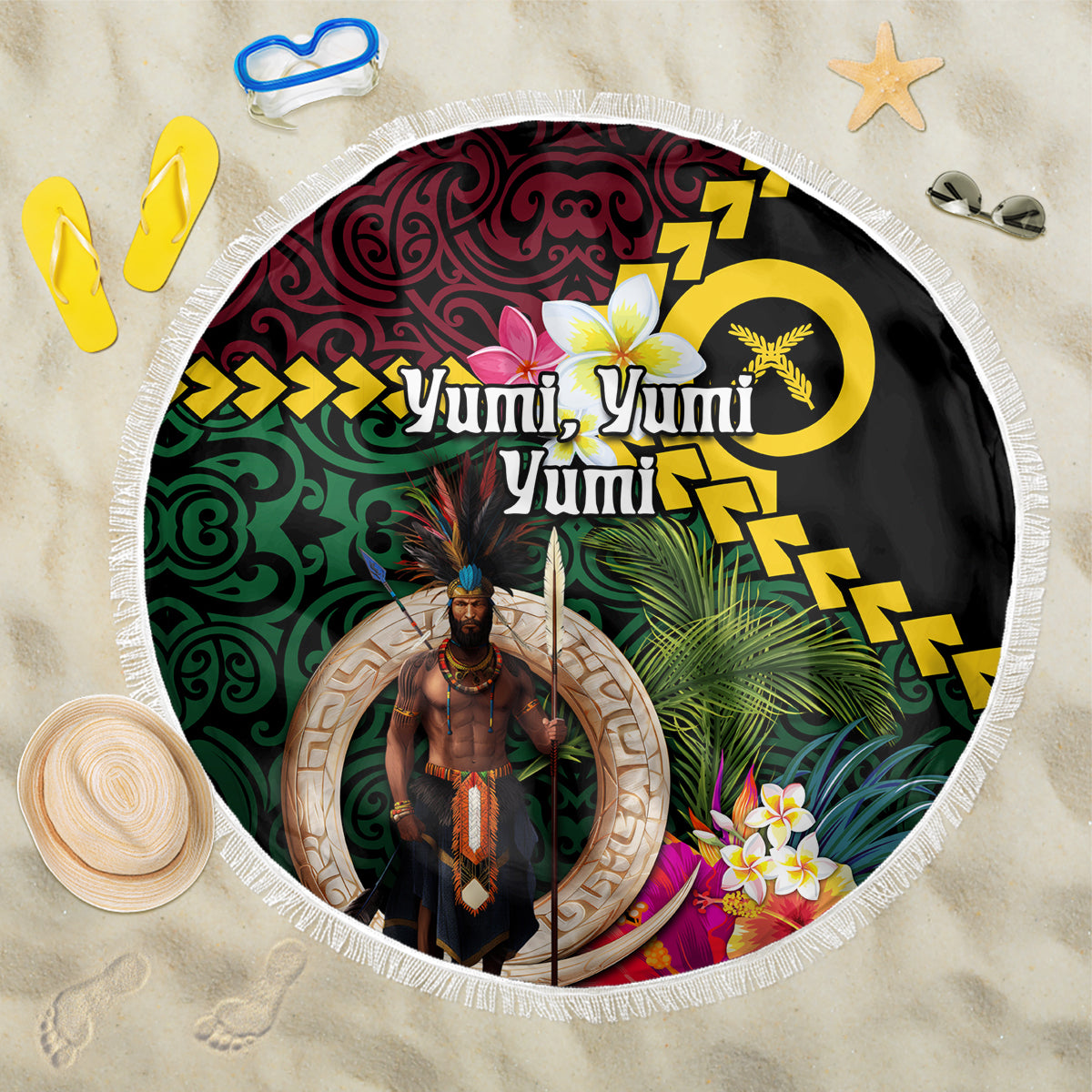 Vanuatu Indipendens Dei Beach Blanket Boars Tusk and Melanesian Warrior Hibiscus