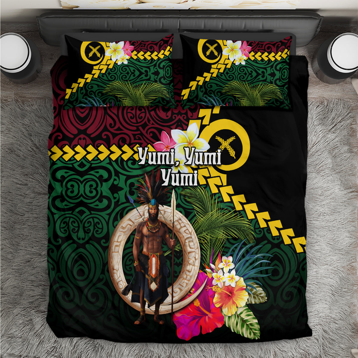 Vanuatu Indipendens Dei Bedding Set Boars Tusk and Melanesian Warrior Hibiscus LT03 Black - Polynesian Pride