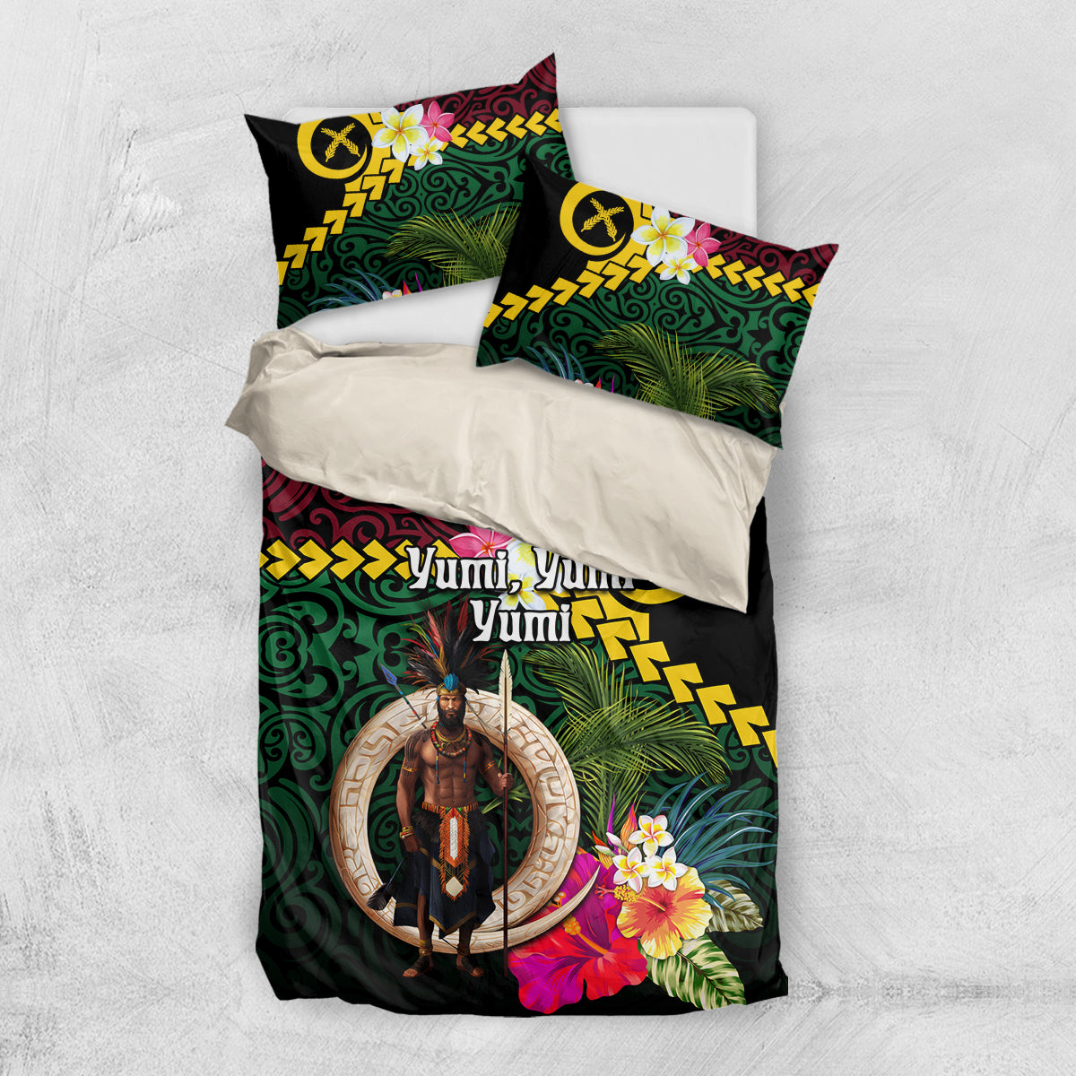 Vanuatu Indipendens Dei Bedding Set Boars Tusk and Melanesian Warrior Hibiscus LT03 US Twin 172cm x 218cm Black - Polynesian Pride