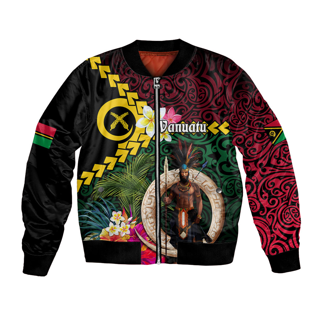 Vanuatu Indipendens Dei Bomber Jacket Boars Tusk and Melanesian Warrior Hibiscus LT03 Unisex Black - Polynesian Pride
