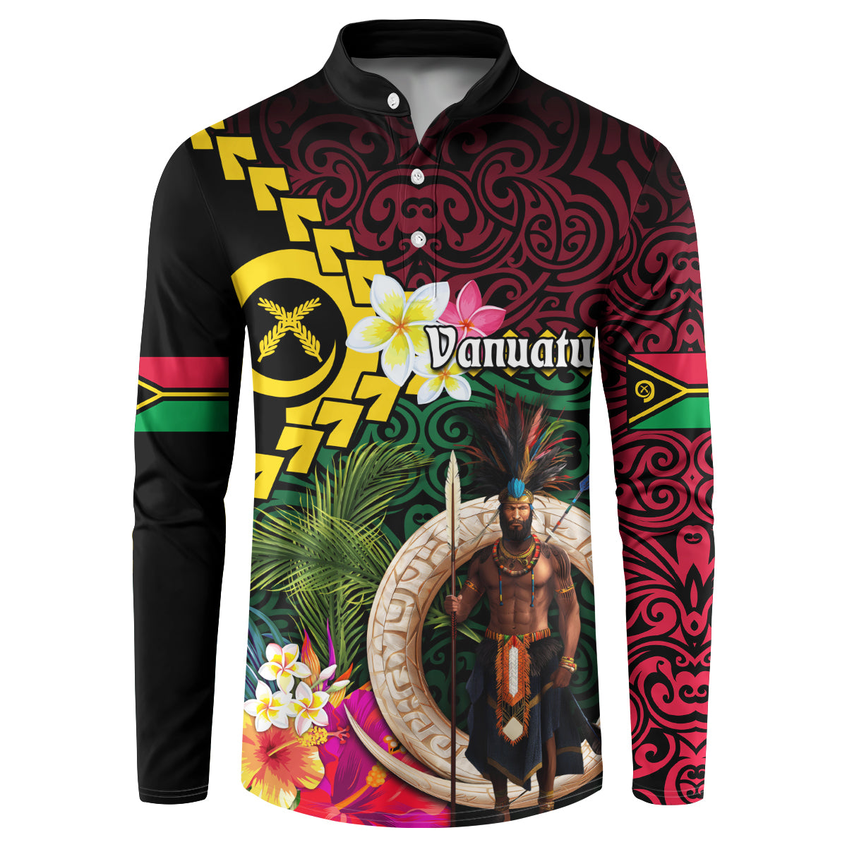 Vanuatu Indipendens Dei Button Sweatshirt Boars Tusk and Melanesian Warrior Hibiscus LT03 Black - Polynesian Pride