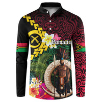 Vanuatu Indipendens Dei Button Sweatshirt Boars Tusk and Melanesian Warrior Hibiscus LT03 Black - Polynesian Pride