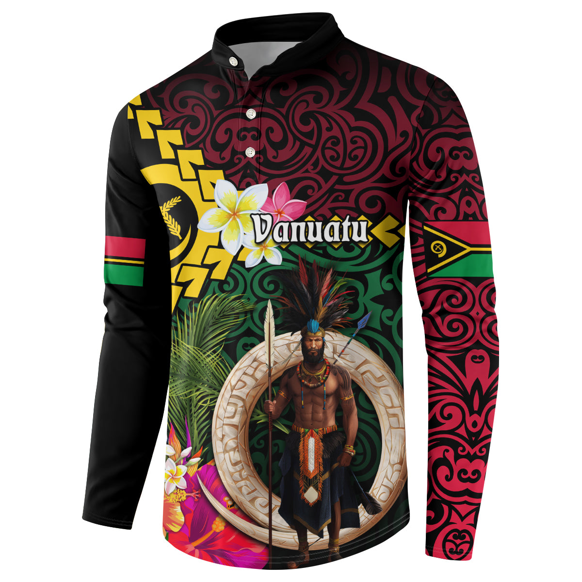 Vanuatu Indipendens Dei Button Sweatshirt Boars Tusk and Melanesian Warrior Hibiscus LT03 - Polynesian Pride