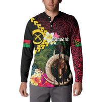 Vanuatu Indipendens Dei Button Sweatshirt Boars Tusk and Melanesian Warrior Hibiscus LT03 - Polynesian Pride