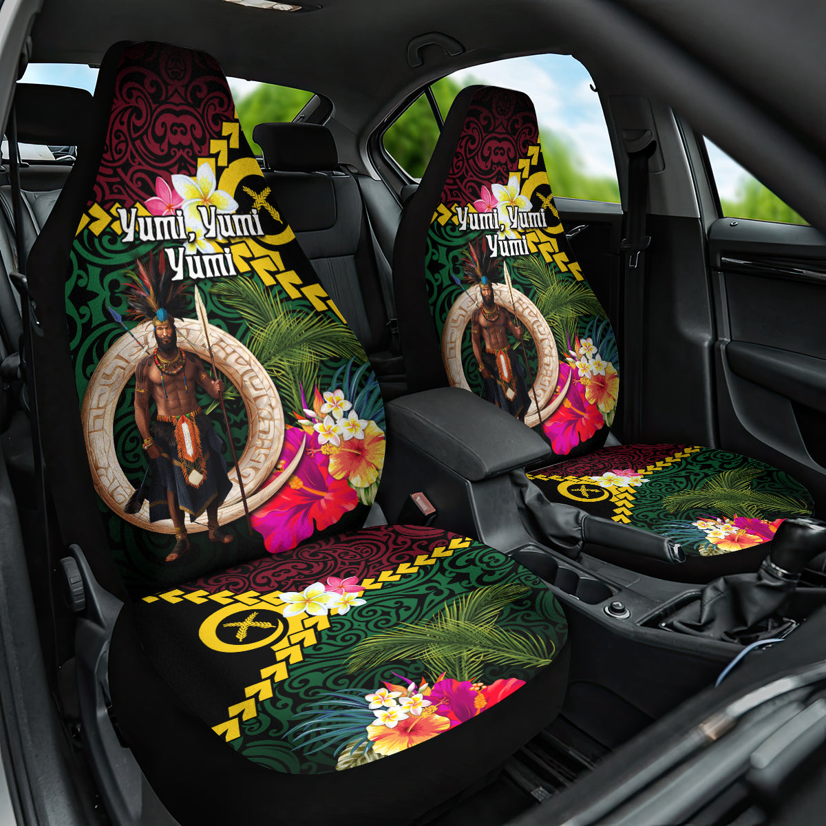 Vanuatu Indipendens Dei Car Seat Cover Boars Tusk and Melanesian Warrior Hibiscus LT03 One Size Black - Polynesian Pride