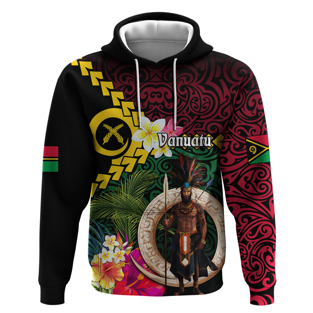 Vanuatu Indipendens Dei Hoodie Boars Tusk and Melanesian Warrior Hibiscus LT03 Pullover Hoodie Black - Polynesian Pride