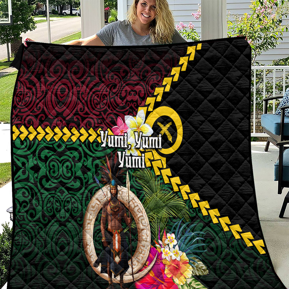 Vanuatu Indipendens Dei Quilt Boars Tusk and Melanesian Warrior Hibiscus LT03 Black - Polynesian Pride