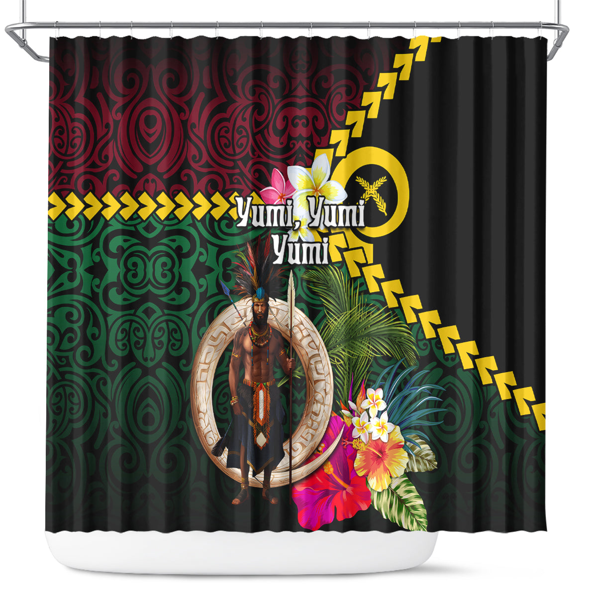 Vanuatu Indipendens Dei Shower Curtain Boars Tusk and Melanesian Warrior Hibiscus