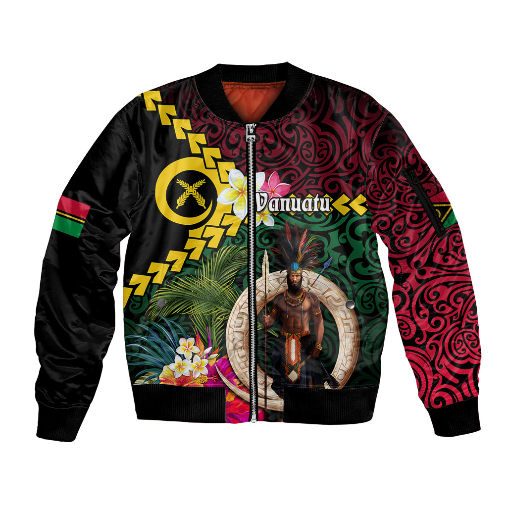 Vanuatu Indipendens Dei Sleeve Zip Bomber Jacket Boars Tusk and Melanesian Warrior Hibiscus LT03 Unisex Black - Polynesian Pride
