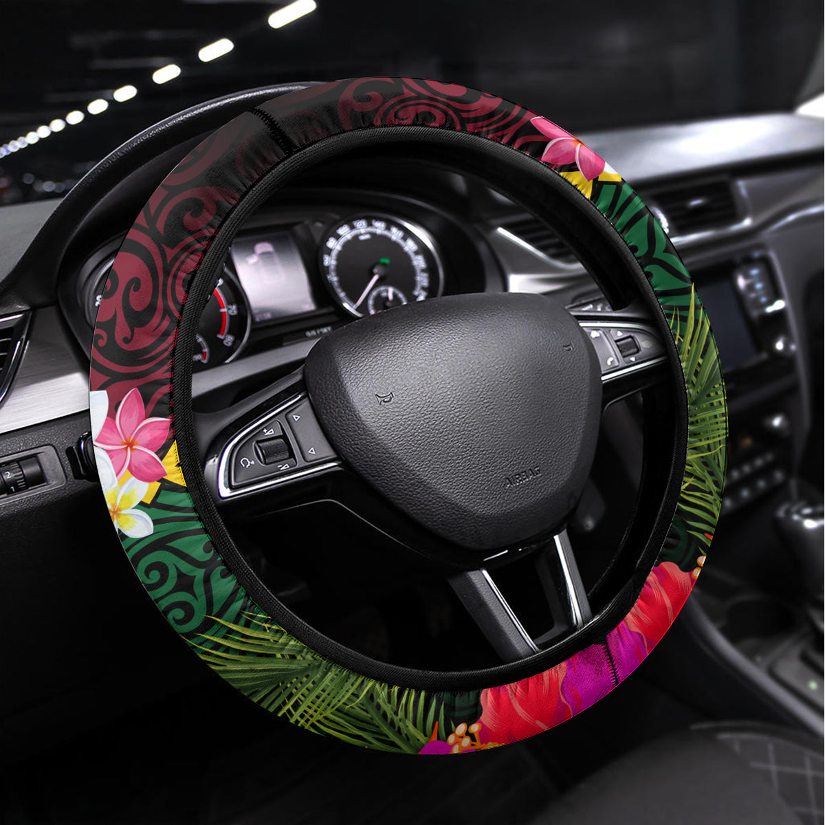 Vanuatu Indipendens Dei Steering Wheel Cover Boars Tusk and Melanesian Warrior Hibiscus LT03 Universal Fit Black - Polynesian Pride