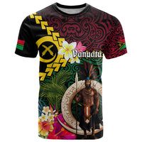 Vanuatu Indipendens Dei T Shirt Boars Tusk and Melanesian Warrior Hibiscus LT03 Black - Polynesian Pride