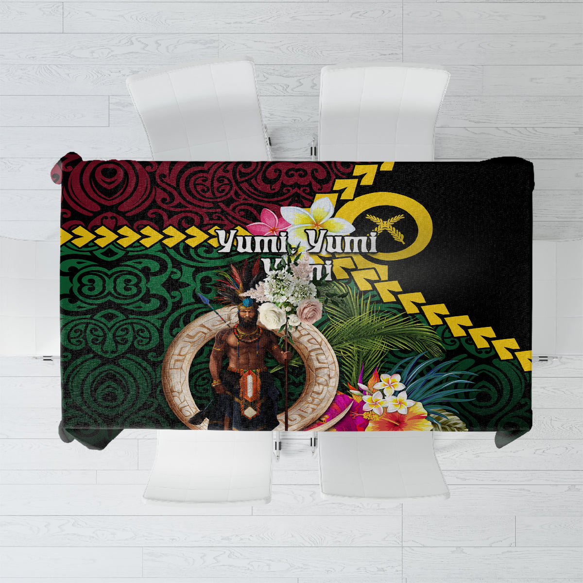 Vanuatu Indipendens Dei Tablecloth Boars Tusk and Melanesian Warrior Hibiscus LT03 Black - Polynesian Pride
