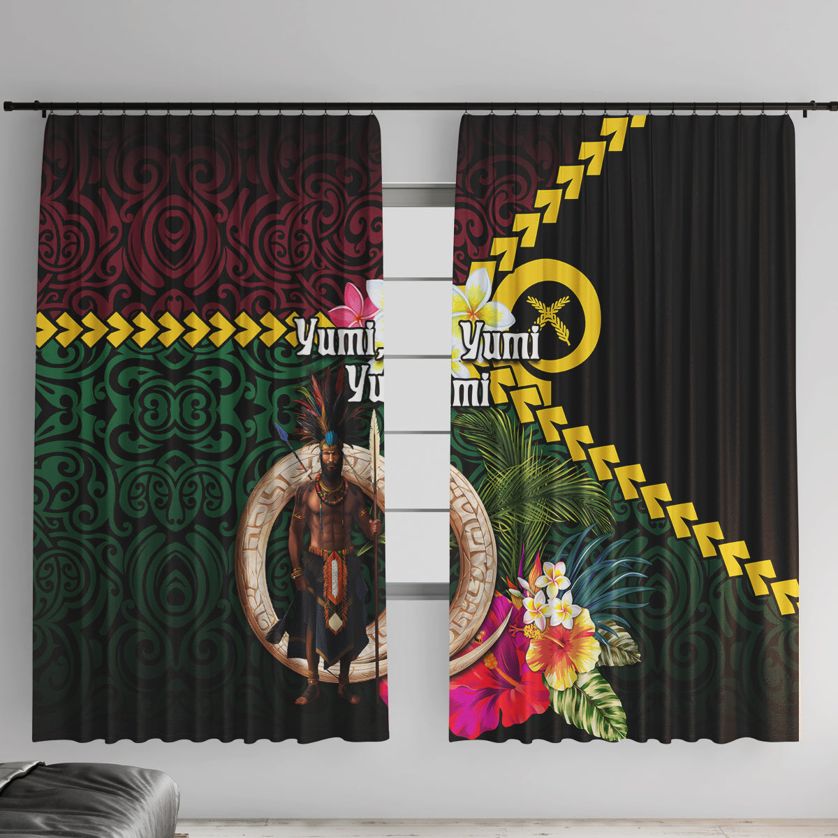 Vanuatu Indipendens Dei Window Curtain Boars Tusk and Melanesian Warrior Hibiscus LT03 With Hooks Black - Polynesian Pride