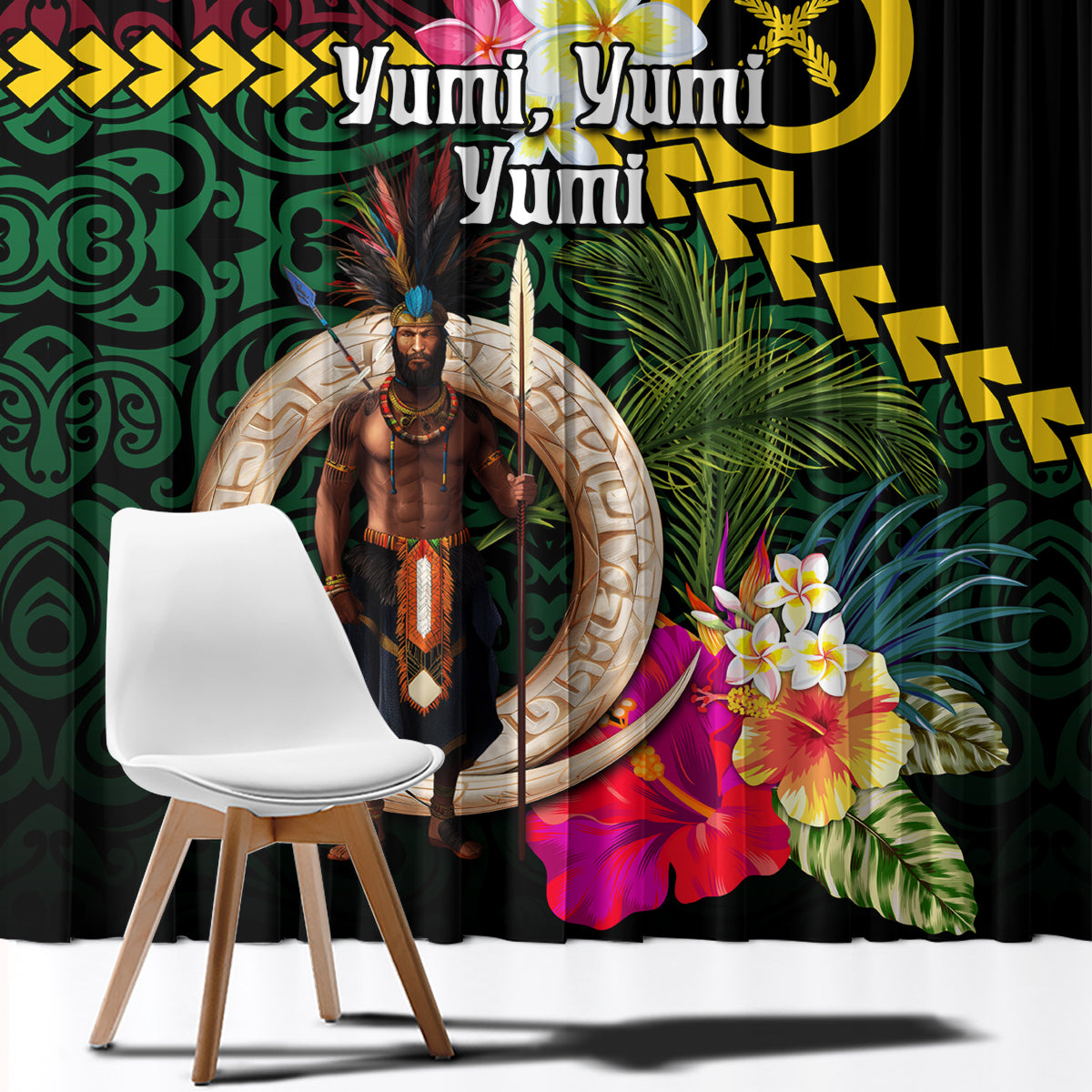 Vanuatu Indipendens Dei Window Curtain Boars Tusk and Melanesian Warrior Hibiscus LT03 - Polynesian Pride