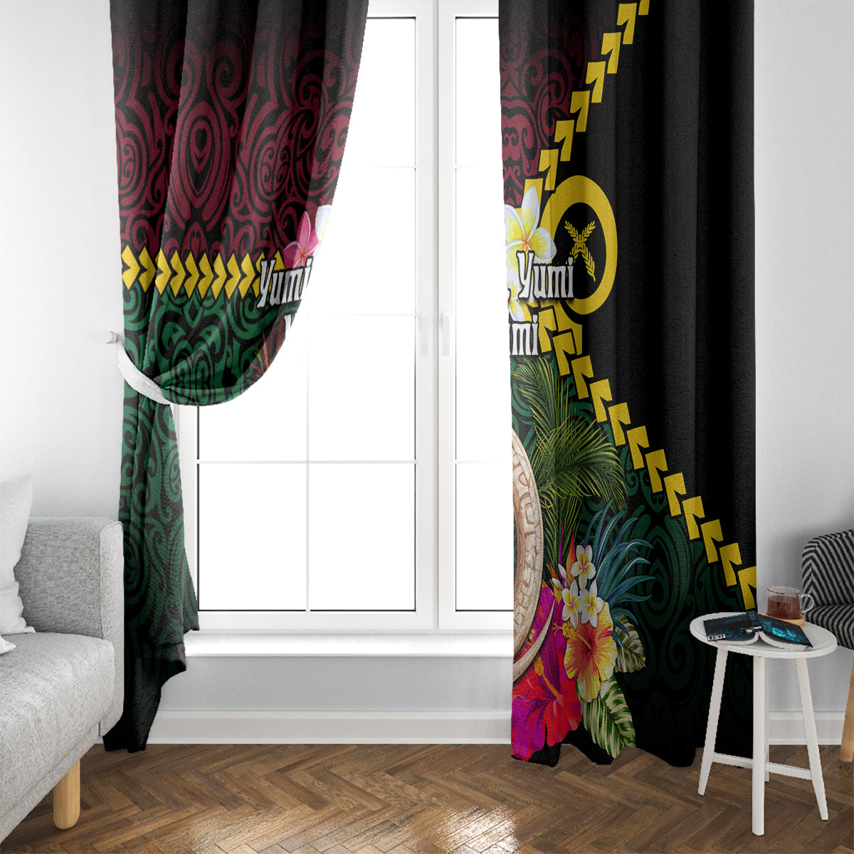 Vanuatu Indipendens Dei Window Curtain Boars Tusk and Melanesian Warrior Hibiscus LT03 - Polynesian Pride