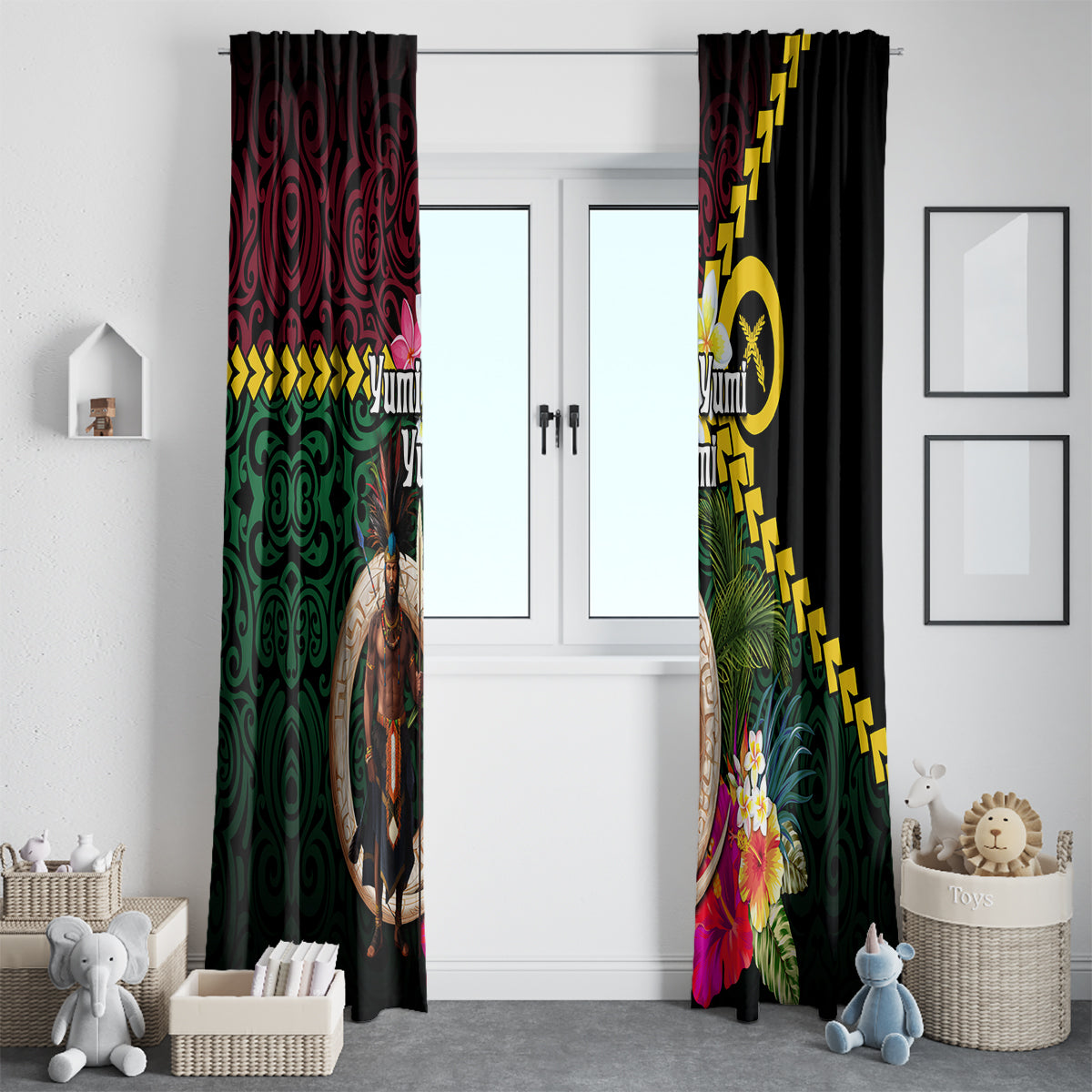 Vanuatu Indipendens Dei Window Curtain Boars Tusk and Melanesian Warrior Hibiscus LT03 - Polynesian Pride