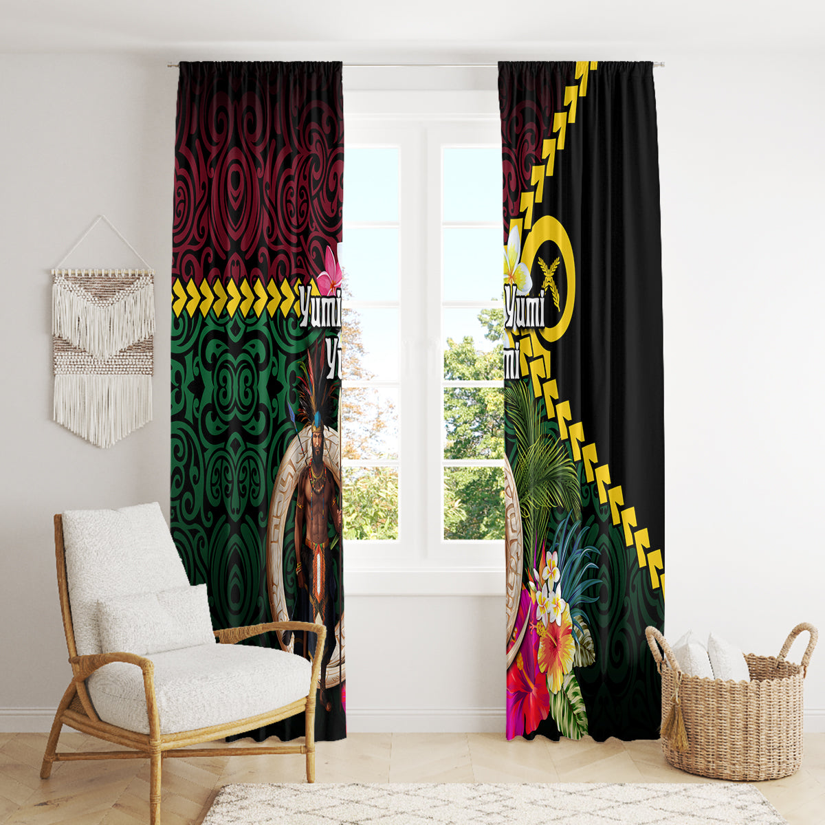 Vanuatu Indipendens Dei Window Curtain Boars Tusk and Melanesian Warrior Hibiscus LT03 - Polynesian Pride