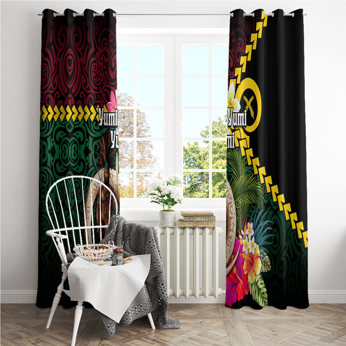Vanuatu Indipendens Dei Window Curtain Boars Tusk and Melanesian Warrior Hibiscus LT03 - Polynesian Pride