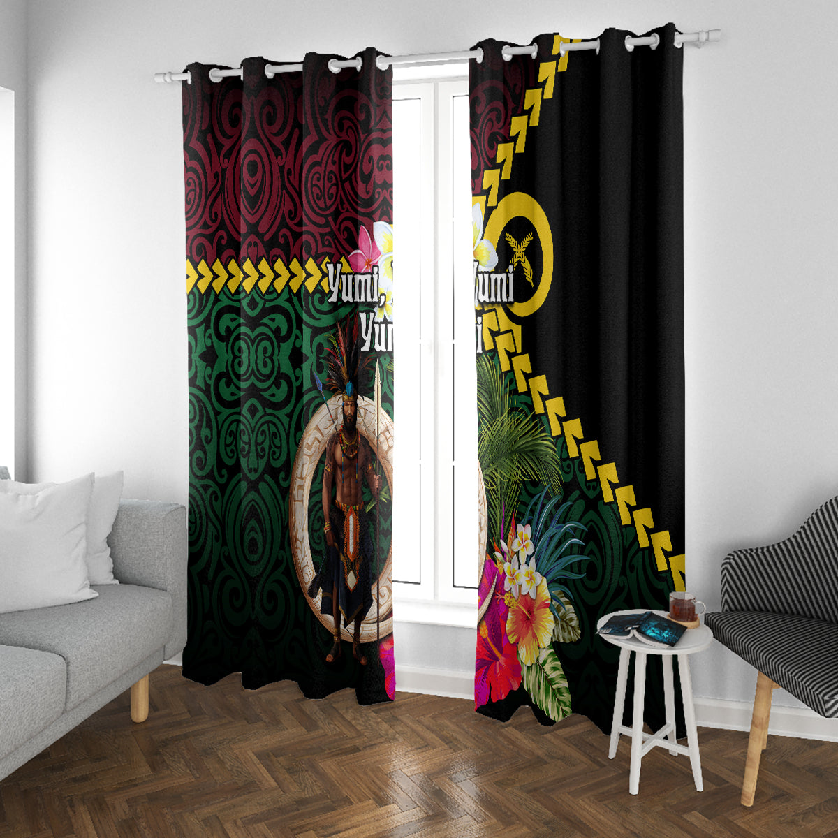 Vanuatu Indipendens Dei Window Curtain Boars Tusk and Melanesian Warrior Hibiscus LT03 With Grommets Black - Polynesian Pride