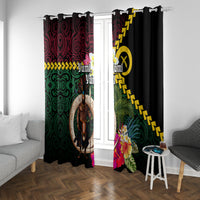 Vanuatu Indipendens Dei Window Curtain Boars Tusk and Melanesian Warrior Hibiscus LT03 With Grommets Black - Polynesian Pride