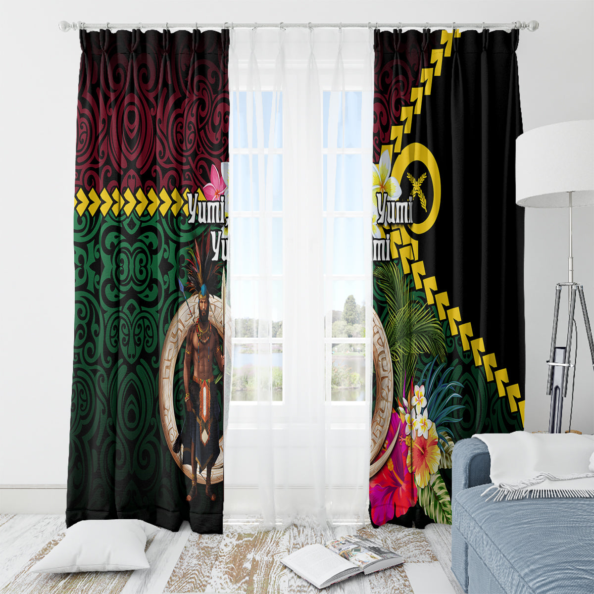 Vanuatu Indipendens Dei Window Curtain Boars Tusk and Melanesian Warrior Hibiscus LT03 - Polynesian Pride