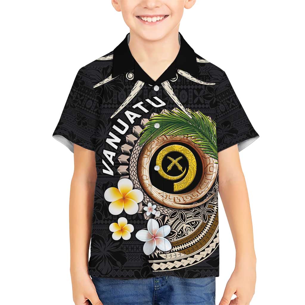 Vanuatu Independence Day Kid Hawaiian Shirt Melanesian Tribal Pig Tusk with Tropical Plants LT03 Kid Black - Polynesian Pride
