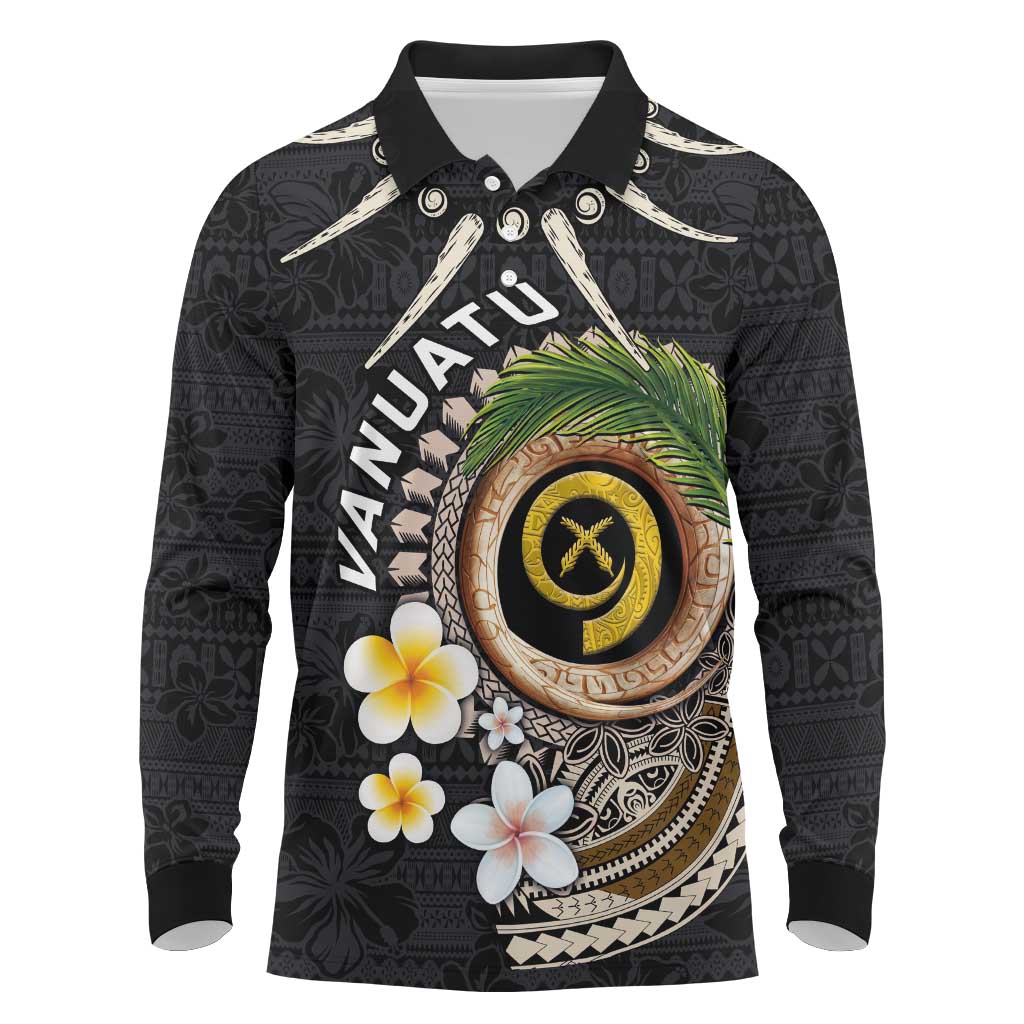 Vanuatu Independence Day Long Sleeve Polo Shirt Melanesian Tribal Pig Tusk with Tropical Plants LT03 Black - Polynesian Pride