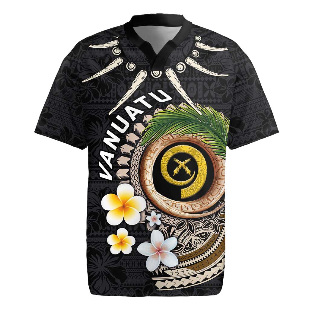 Vanuatu Independence Day Rugby Jersey Melanesian Tribal Pig Tusk with Tropical Plants LT03 Black - Polynesian Pride